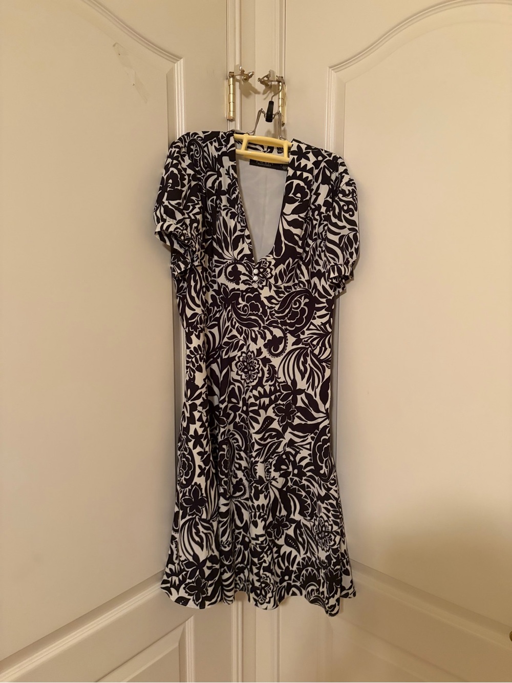 Ralph Lauren Black and White Floral V-Neck Midi Dress